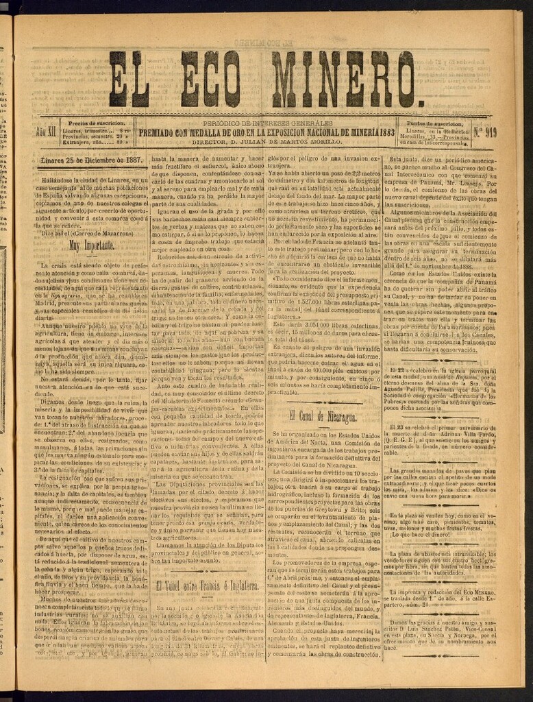 Miniatura de El Eco Minero : periódico bisemanal del 25 de diciembre de 1887, nº 919
