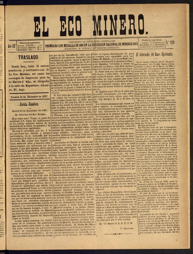 Miniatura de El Eco Minero : periódico bisemanal del 31 de diciembre de 1887, nº 920