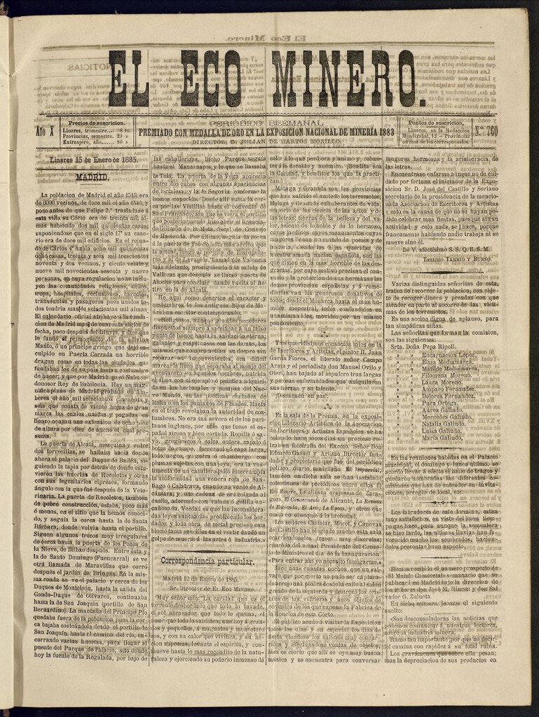 Miniatura de El Eco Minero : periódico bisemanal del 15 de enero de 1885, nº 760