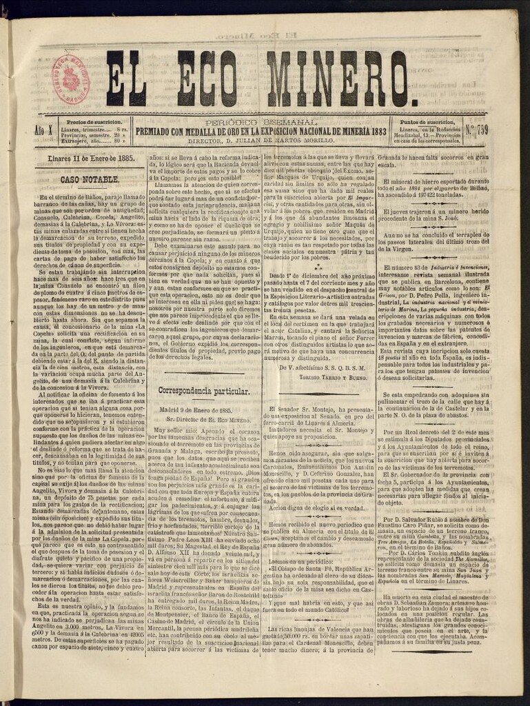Miniatura de El Eco Minero : periódico bisemanal del 11 de enero de 1885, nº 759