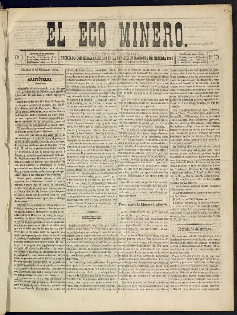 Miniatura de El Eco Minero : periódico bisemanal del 6 de enero de 1885, nº 758