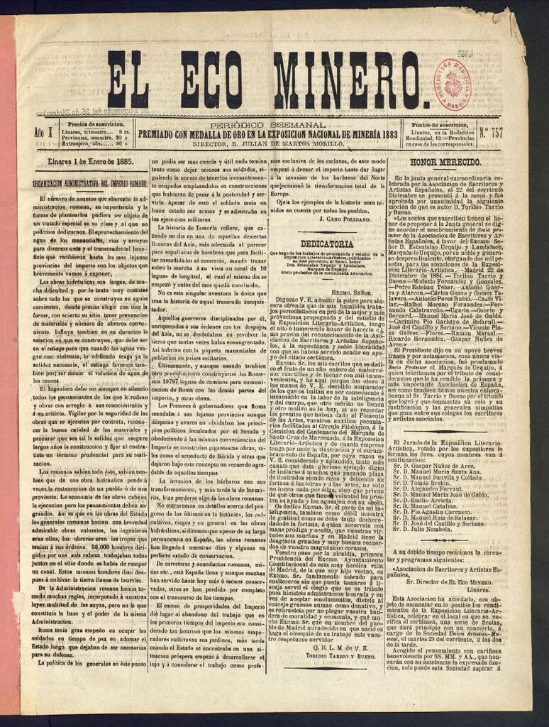 Miniatura de El Eco Minero : periódico bisemanal del 1 de enero de 1885, nº 757