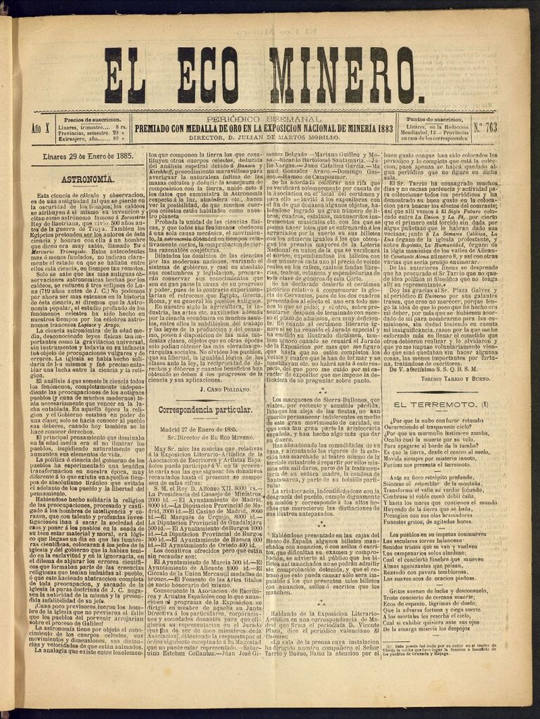 Miniatura de El Eco Minero : periódico bisemanal del 29 de enero de 1885, nº 763