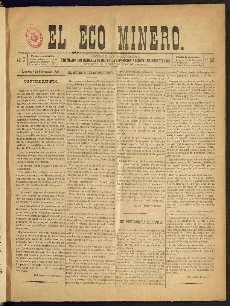 Miniatura de El Eco Minero : periódico bisemanal del 8 de febrero de 1885, nº 765