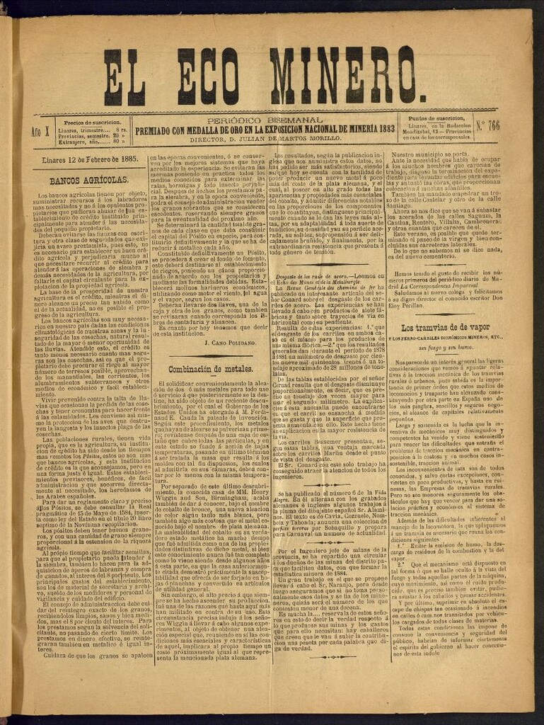 Miniatura de El Eco Minero : periódico bisemanal del 12 de febrero de 1885, nº 766