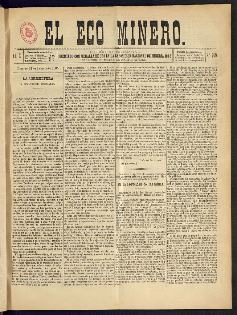 Miniatura de El Eco Minero : periódico bisemanal del 24 de febrero de 1885, nº 769