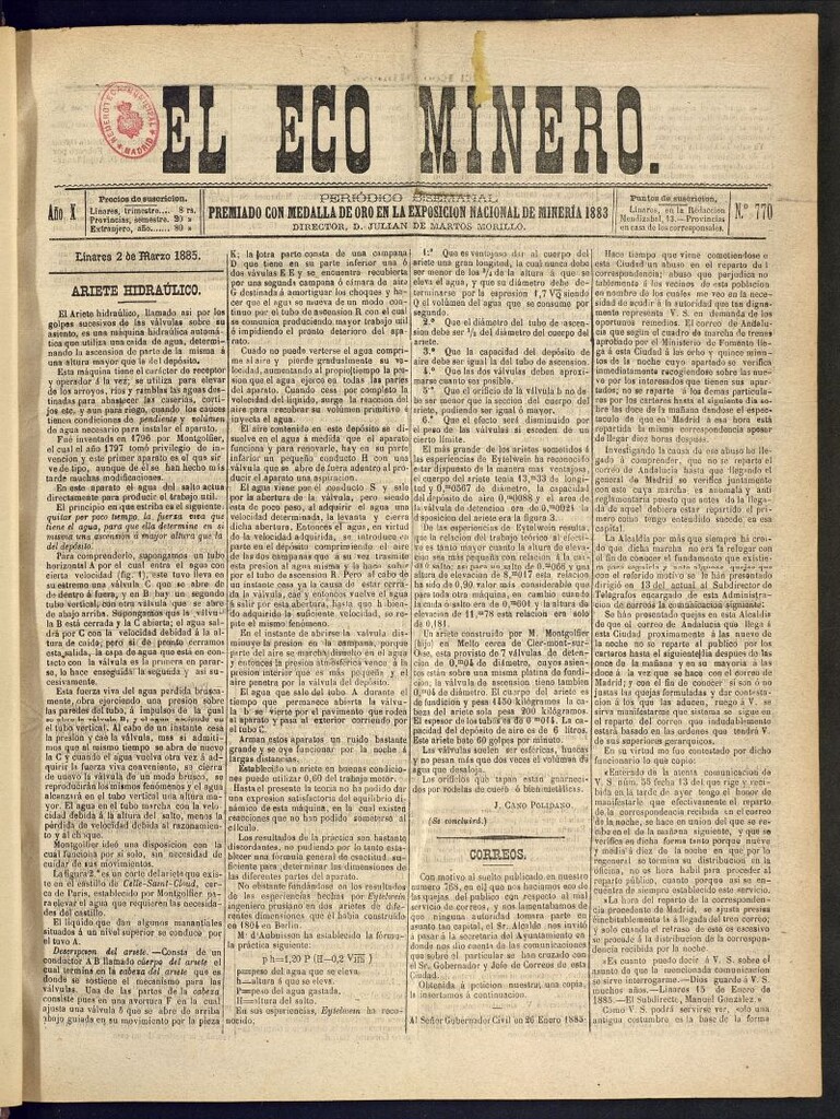 Miniatura de El Eco Minero : periódico bisemanal del 2 de marzo de 1885, nº 770
