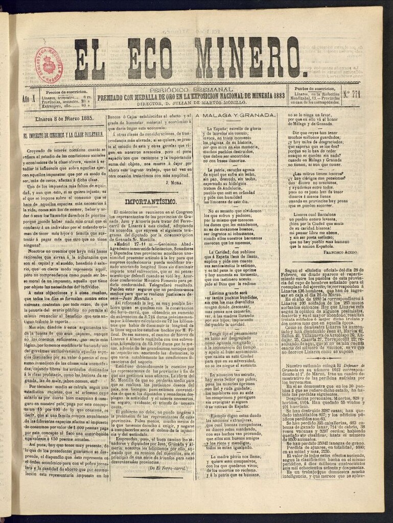 Miniatura de El Eco Minero : periódico bisemanal del 8 de marzo de 1885, nº 771