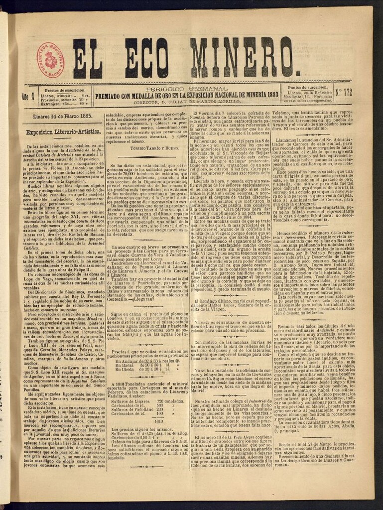 Miniatura de El Eco Minero : periódico bisemanal del 14 de marzo de 1885, nº 772