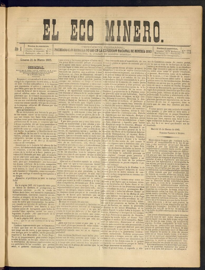 Miniatura de El Eco Minero : periódico bisemanal del 21 de marzo de 1885, nº 773