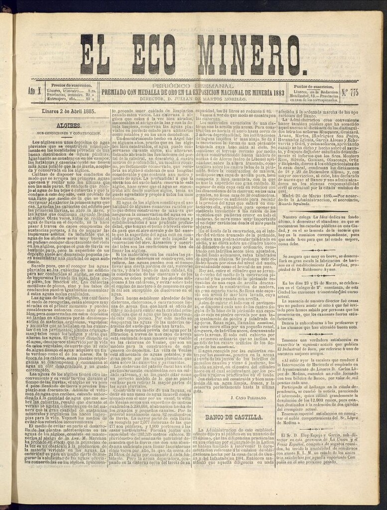 Miniatura de El Eco Minero : periódico bisemanal del 2 de abril de 1885, nº 775