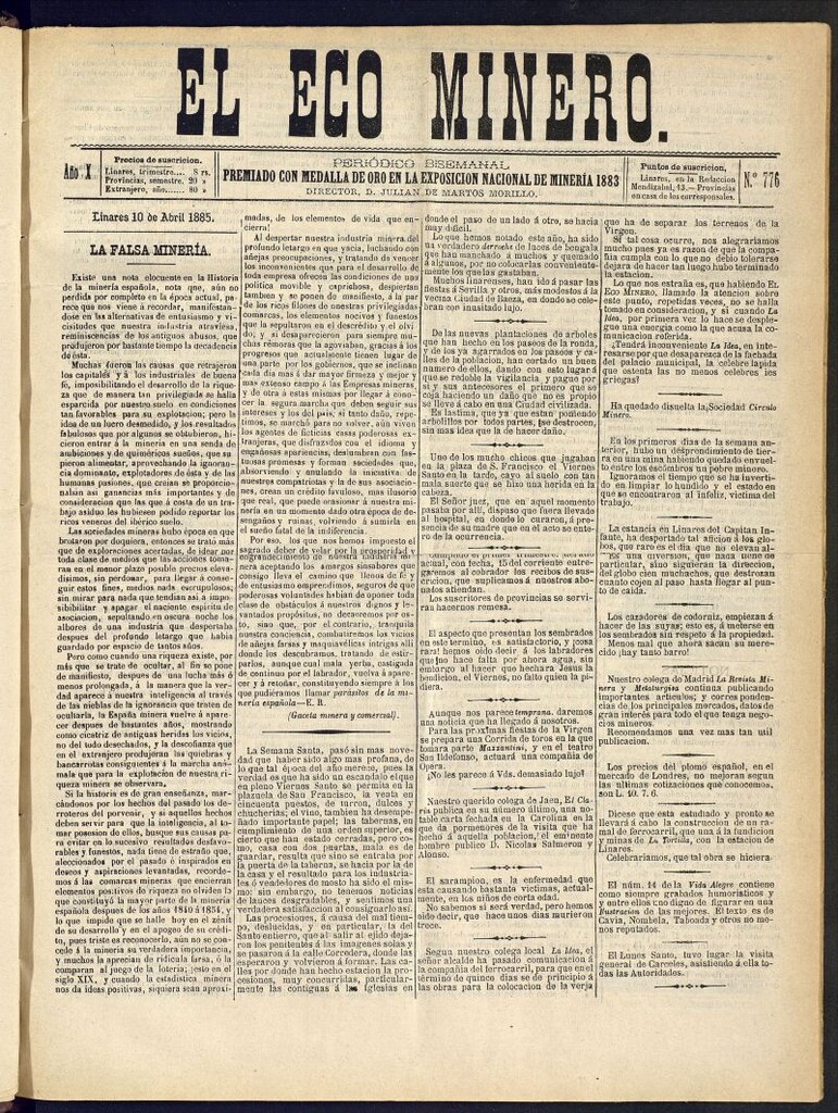 Miniatura de El Eco Minero : periódico bisemanal del 10 de abril de 1885, nº 776
