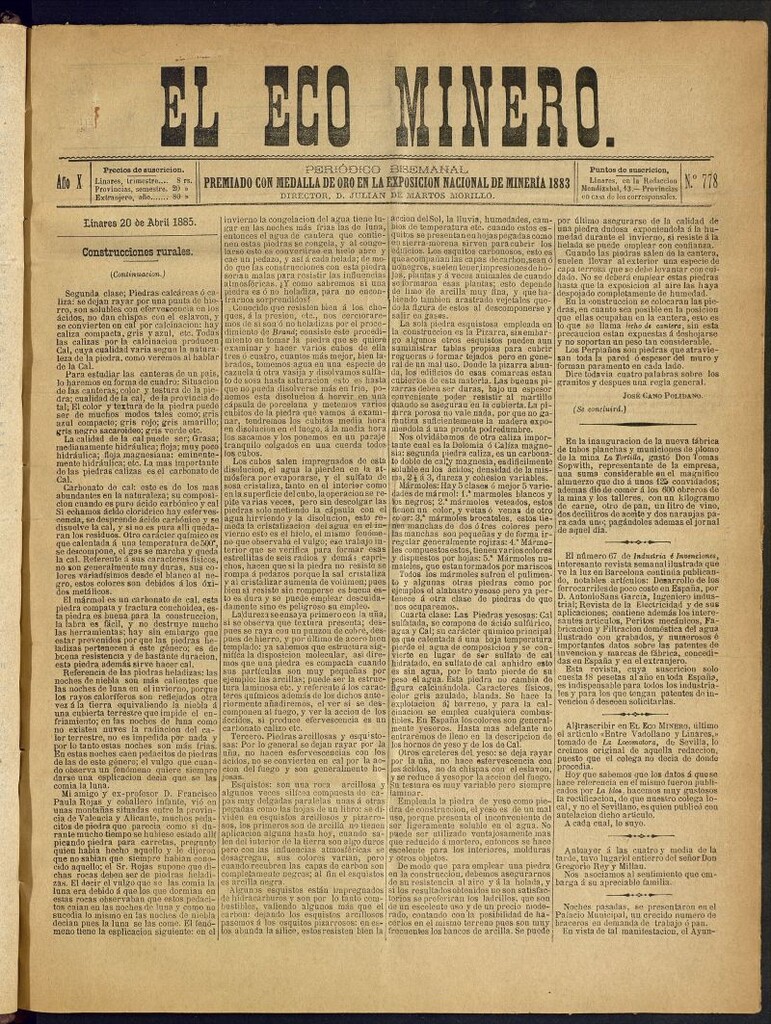 Miniatura de El Eco Minero : periódico bisemanal del 20 de abril de 1885, nº 778