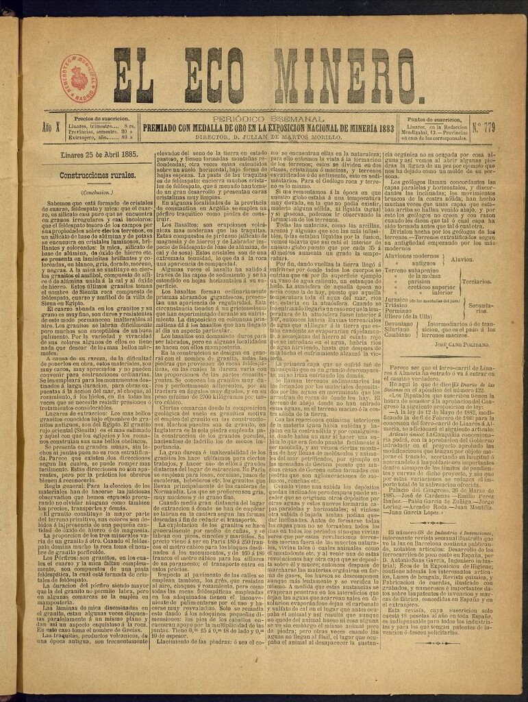 Miniatura de El Eco Minero : periódico bisemanal del 25 de abril de 1885, nº 779