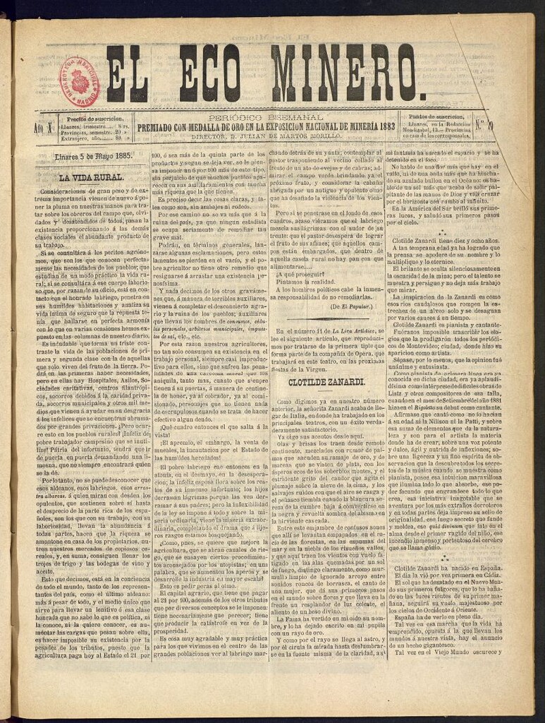 Miniatura de El Eco Minero : periódico bisemanal del 5 de mayo de 1885, nº 780