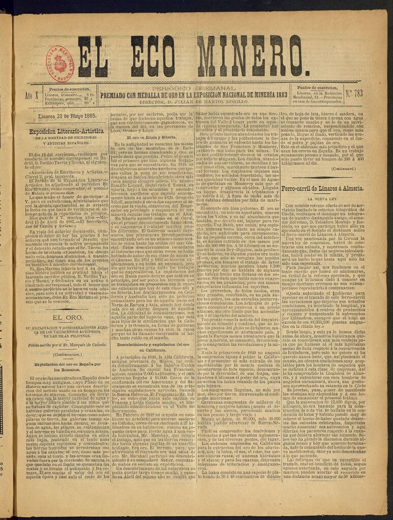 Miniatura de El Eco Minero : periódico bisemanal del 21 de mayo de 1885, nº 783