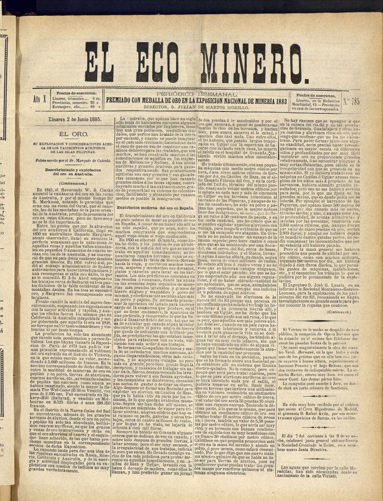 Miniatura de El Eco Minero : periódico bisemanal del 2 de junio de 1885, nº 785