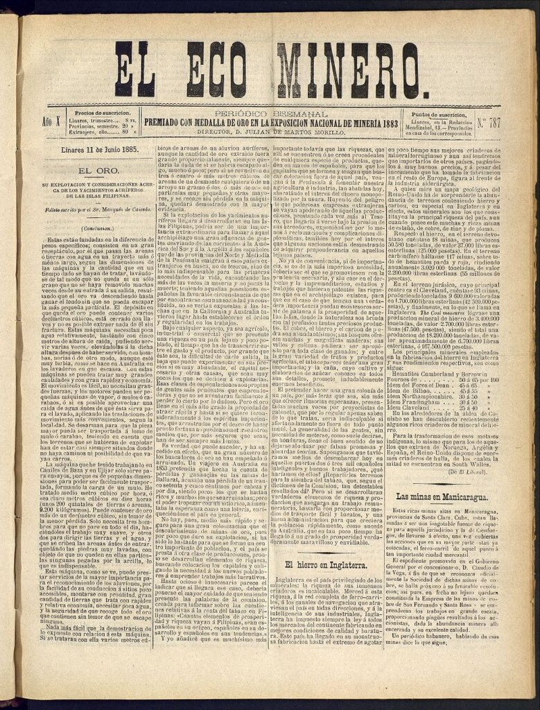 Miniatura de El Eco Minero : periódico bisemanal del 11 de junio de 1885, nº 787