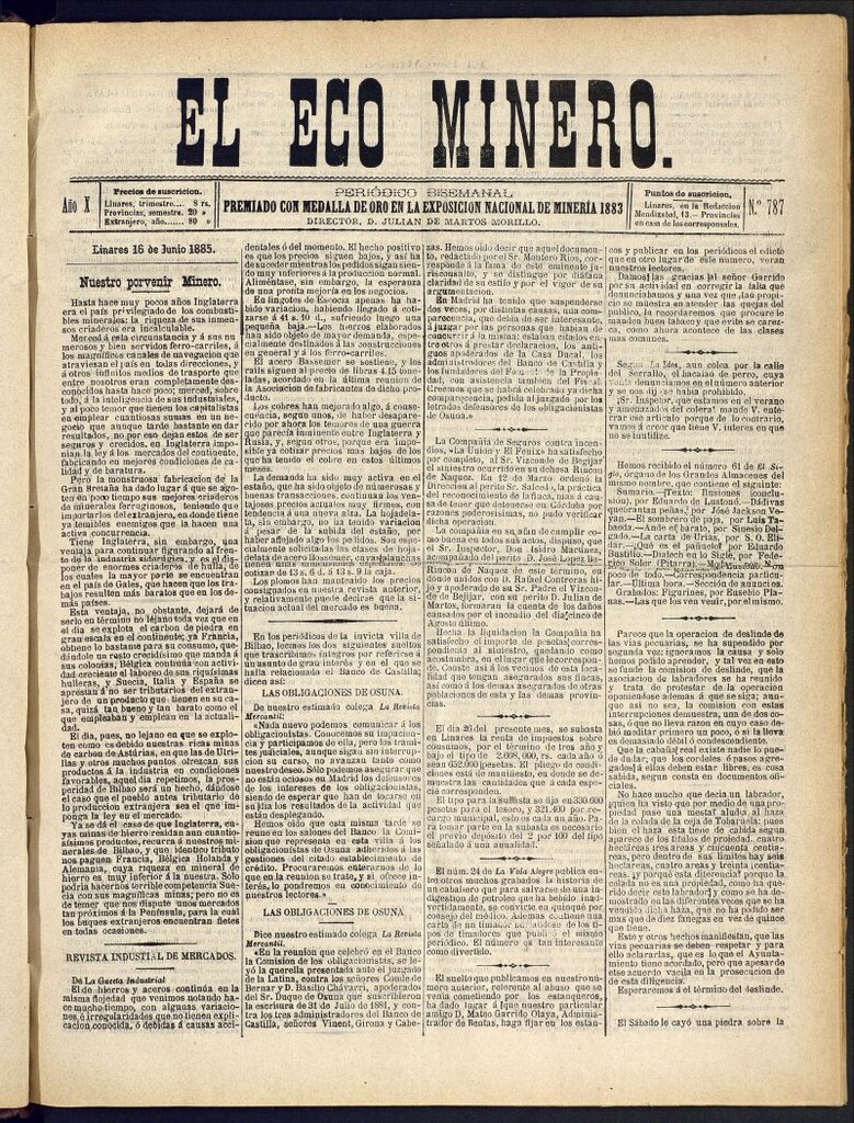 Miniatura de El Eco Minero : periódico bisemanal del 16 de junio de 1885, nº 787 [sic]