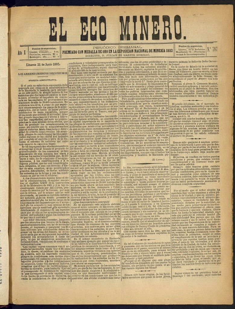 Miniatura de El Eco Minero : periódico bisemanal del 21 de junio de 1885, nº 787 [sic]
