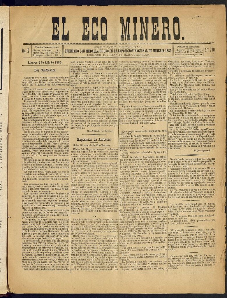 Miniatura de El Eco Minero : periódico bisemanal del 4 de julio de 1885, nº 790