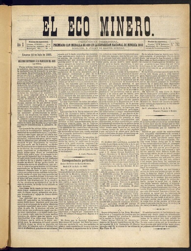 Miniatura de El Eco Minero : periódico bisemanal del 10 de julio de 1885, nº 792