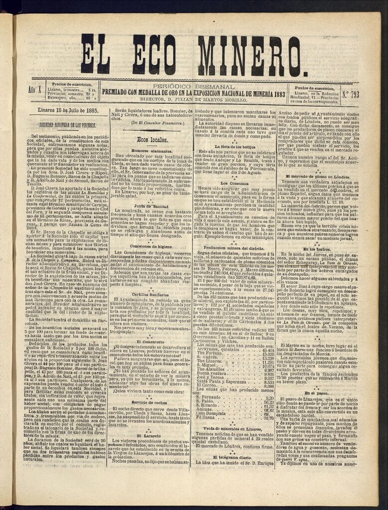 Miniatura de El Eco Minero : periódico bisemanal del 16 de julio de 1885, nº 793