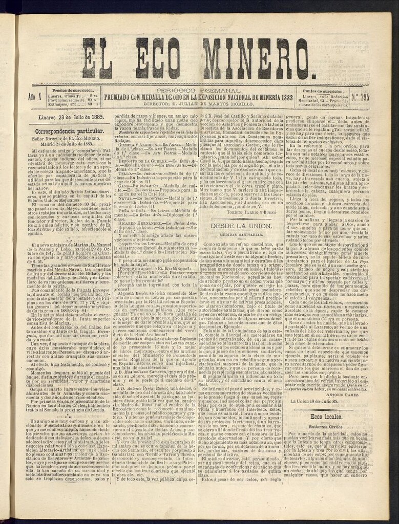 Miniatura de El Eco Minero : periódico bisemanal del 23 de julio de 1885, nº 795