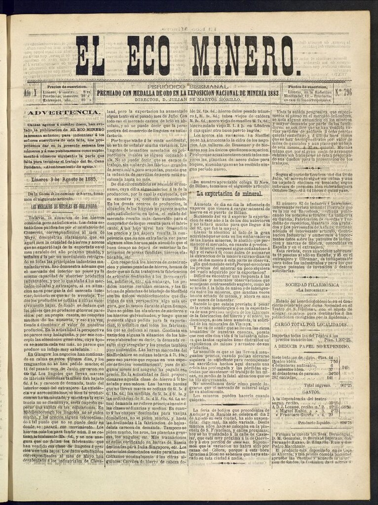 Miniatura de El Eco Minero : periódico bisemanal del 3 de agosto de 1885, nº 796