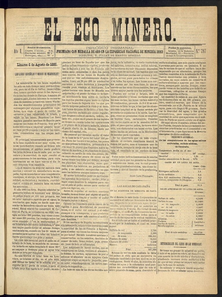 Miniatura de El Eco Minero : periódico bisemanal del 6 de agosto de 1885, nº 797