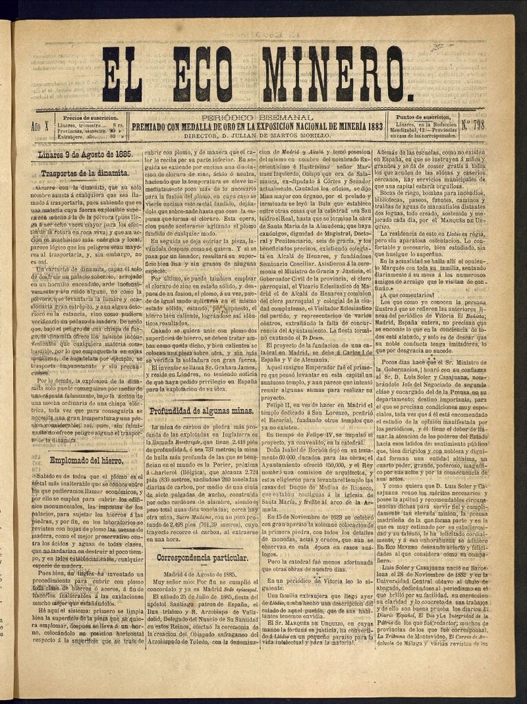 Miniatura de El Eco Minero : periódico bisemanal del 9 de agosto de 1885, nº 798
