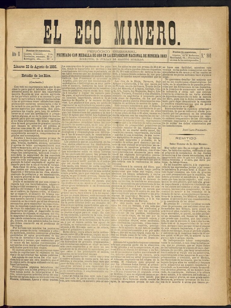 Miniatura de El Eco Minero : periódico bisemanal del 22 de agosto de 1885, nº 801