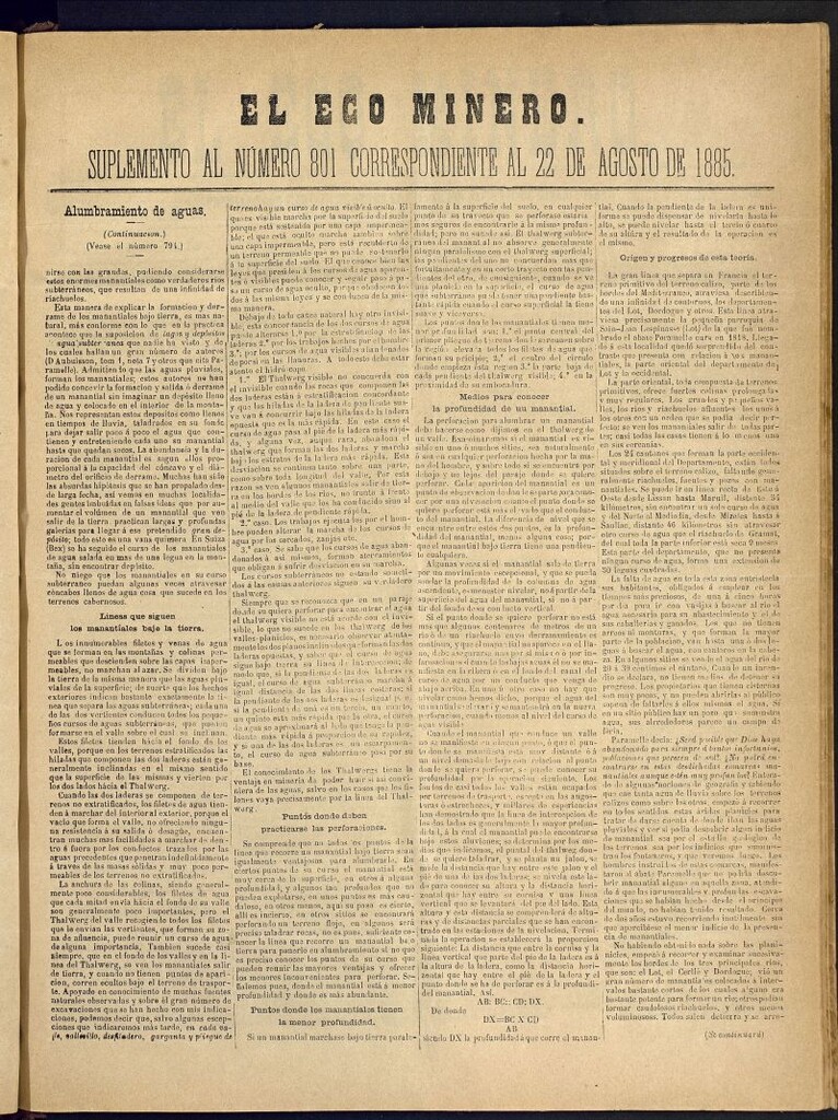 Miniatura de El Eco Minero : periódico bisemana, de 22 de agosto de 1885, nº 801, suplemento
