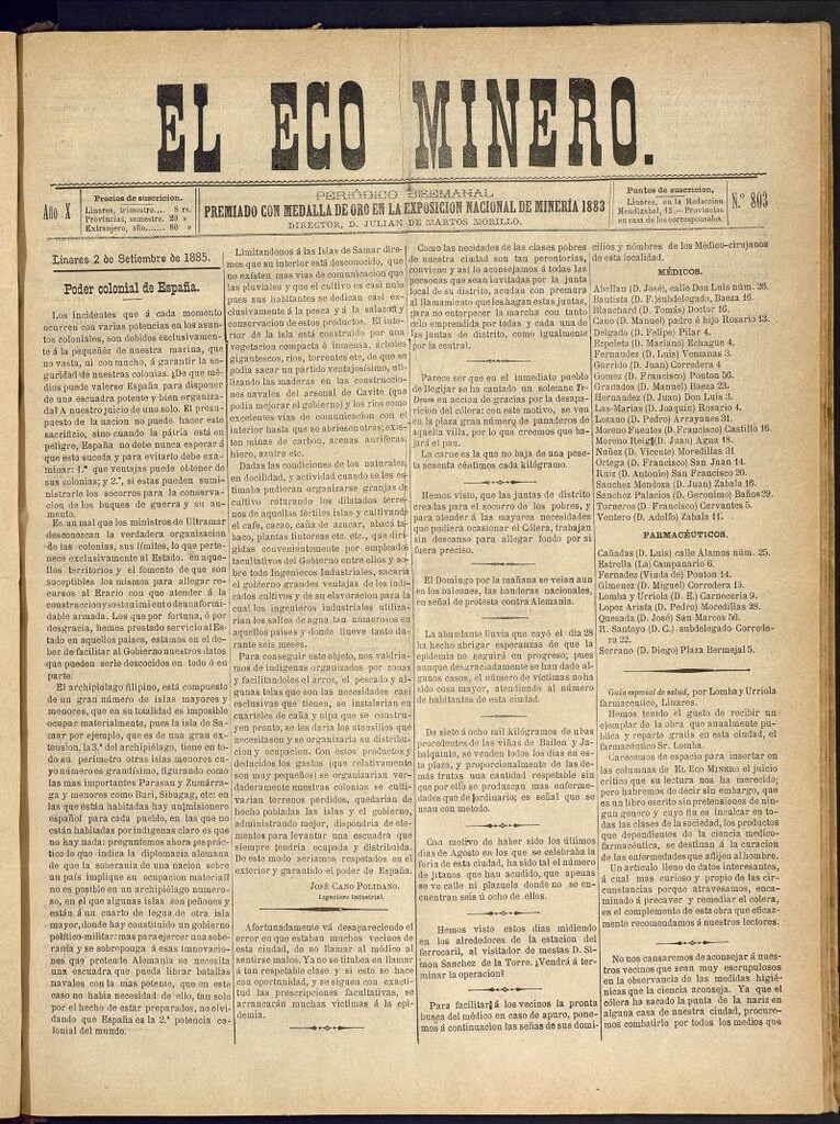Miniatura de El Eco Minero : periódico bisemanal del 2 de septiembre de 1885, nº 803