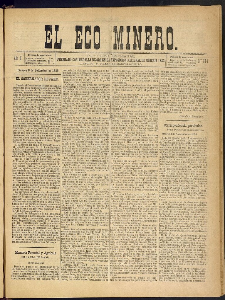 Miniatura de El Eco Minero : periódico bisemanal del 8 de septiembre de 1885, nº 814 [sic]