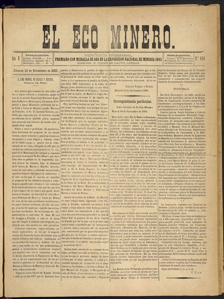 Miniatura de El Eco Minero : periódico bisemanal del 22 de noviembre de 1885, nº 816