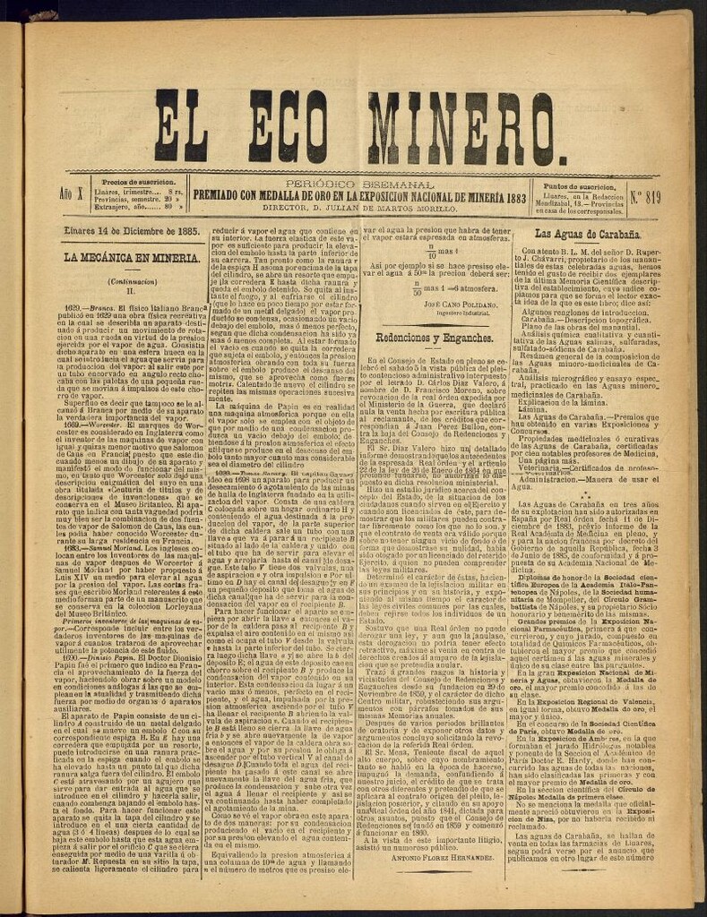 Miniatura de El Eco Minero : periódico bisemanal del 15 de noviembre de 1885, nº 819