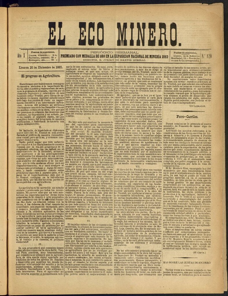 Miniatura de El Eco Minero : periódico bisemanal del 20 de diciembre de 1885, nº 820