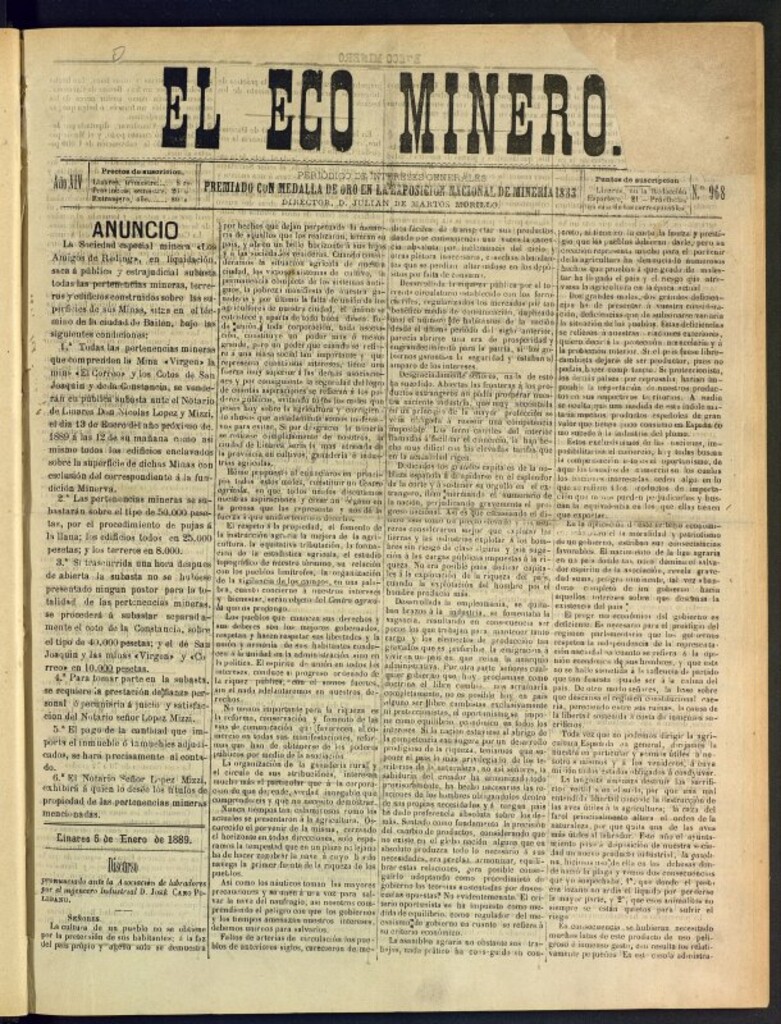 Miniatura de El Eco Minero : periódico bisemanal del 6 de enero de 1889, nº 968