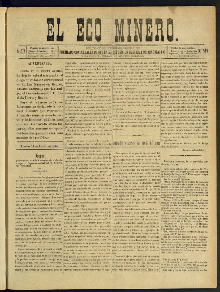 Miniatura de El Eco Minero : periódico bisemanal del 14 de enero de 1889, nº 969