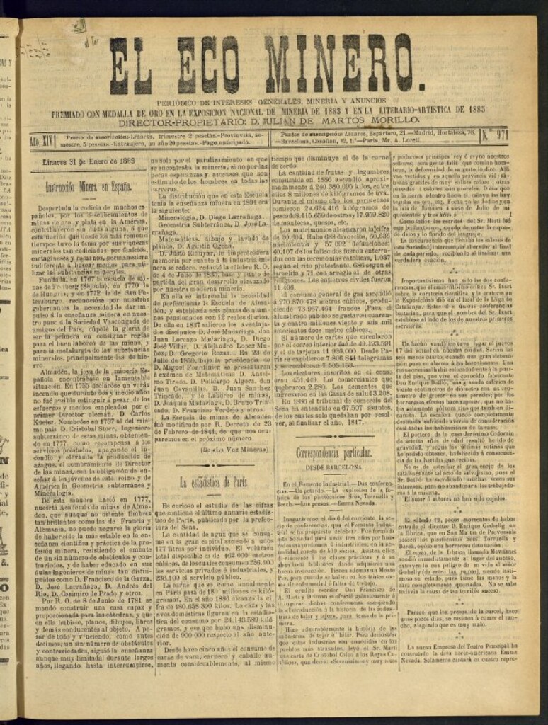 Miniatura de El Eco Minero : periódico bisemanal del 31 de enero de 1889, nº 971