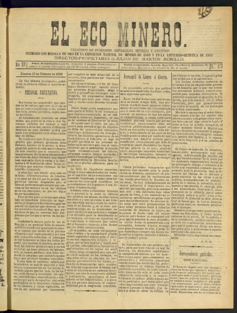 Miniatura de El Eco Minero : periódico bisemanal del 15 de febrero de 1889, nº 973
