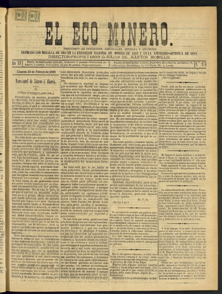 Miniatura de El Eco Minero : periódico bisemanal del 23 de febrero de 1889, nº 974