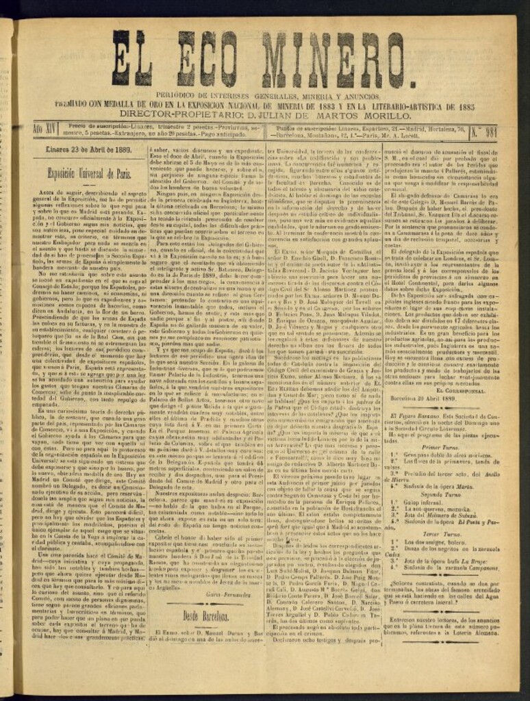 Miniatura de El Eco Minero : periódico bisemanal del 23 de abril de 1889, nº 981