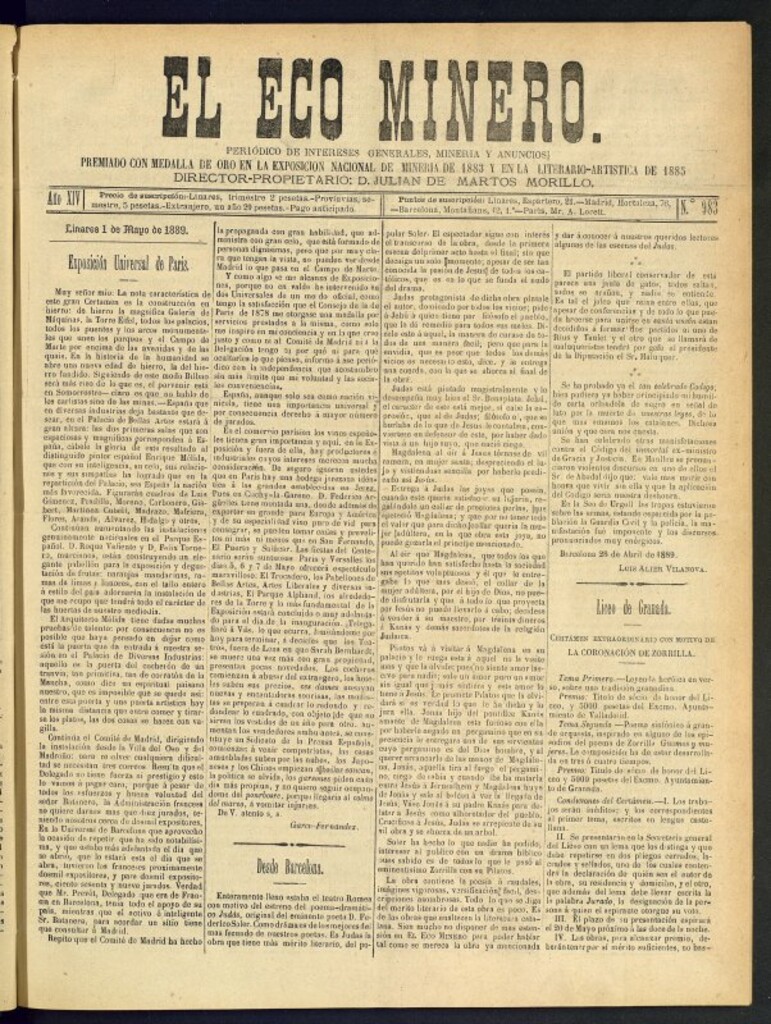 Miniatura de El Eco Minero : periódico bisemanal del 1 de mayo de 1889, nº 983