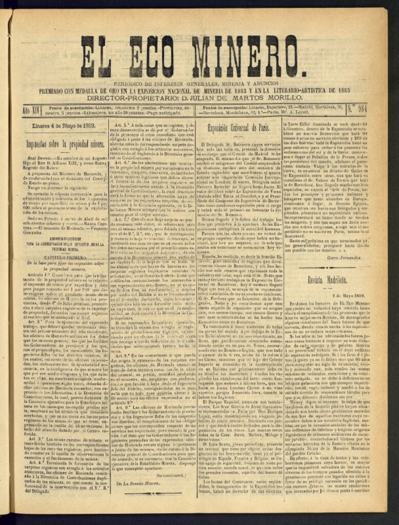 Miniatura de El Eco Minero : periódico bisemanal del 4 de mayo de 1889, nº 984
