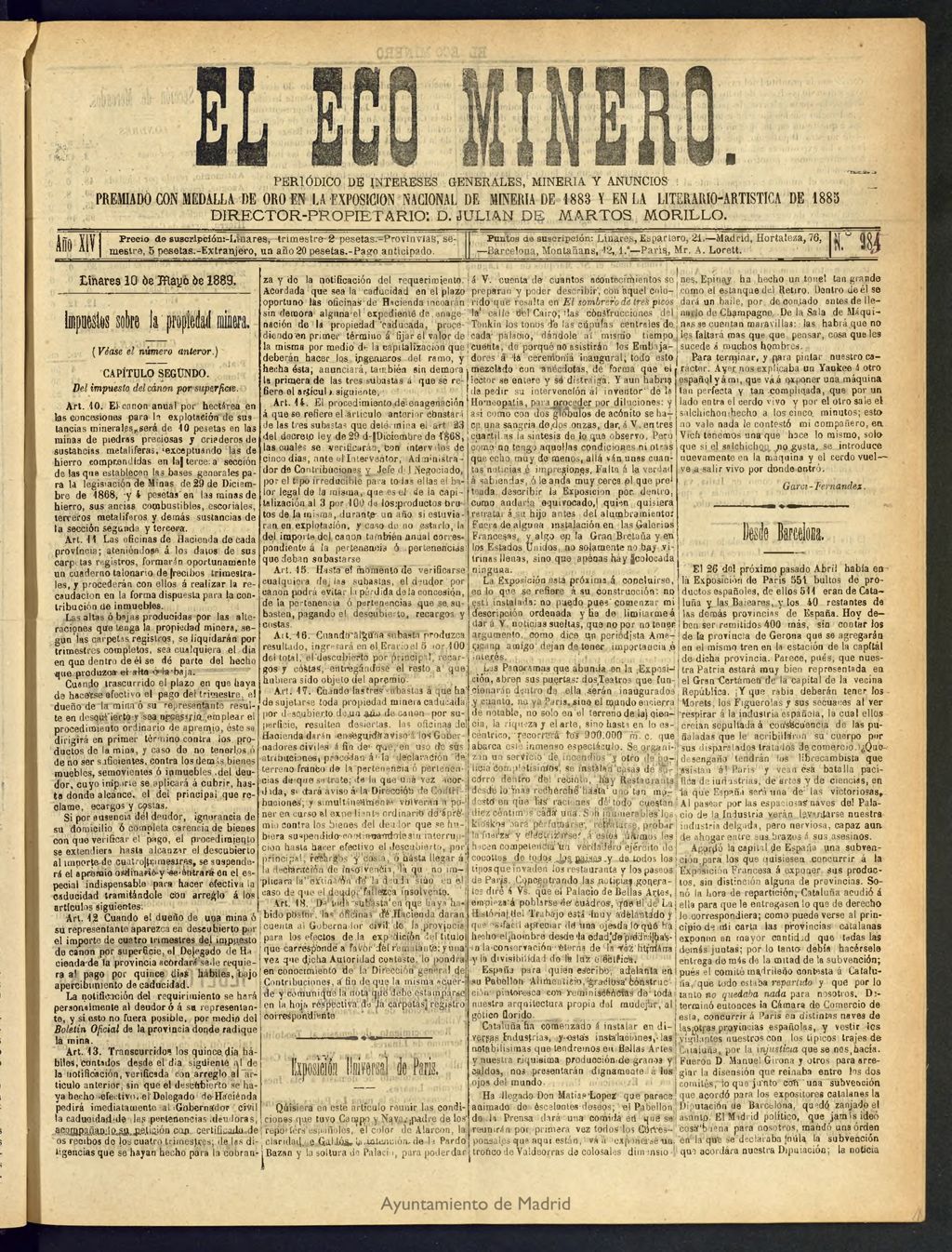 Miniatura de El Eco Minero : periódico bisemanal del 10 de mayo de 1889, nº 984 [sic]