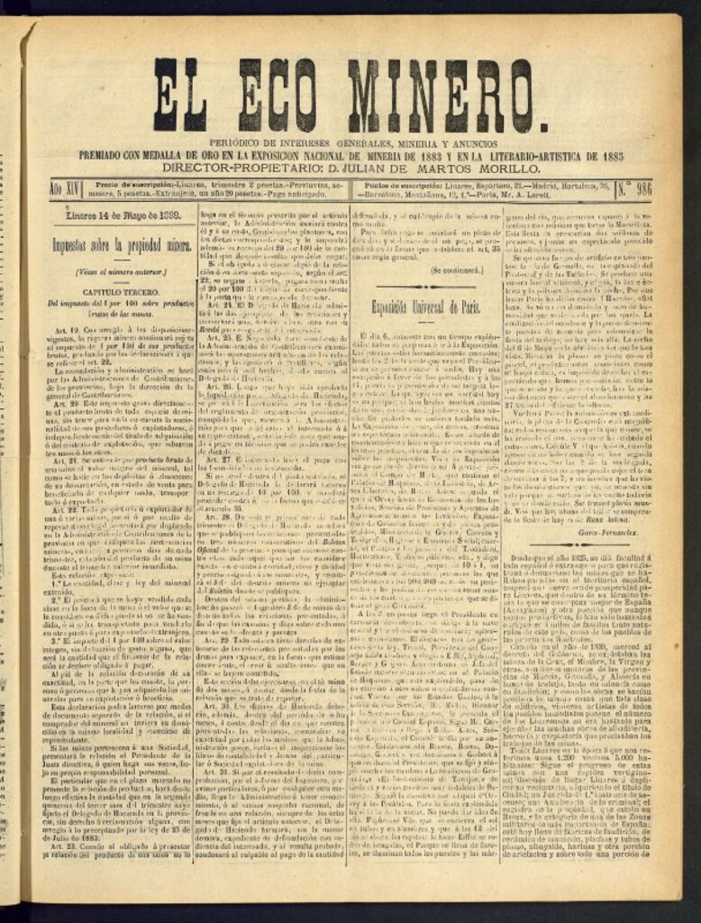 Miniatura de El Eco Minero : periódico bisemanal del 14 de mayo de 1889, nº 986