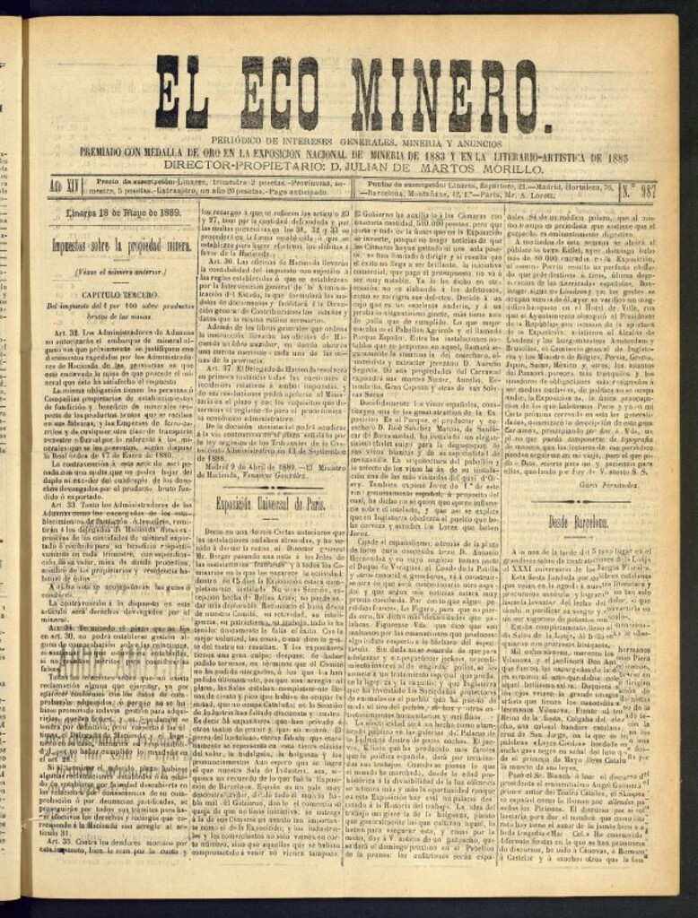 Miniatura de El Eco Minero : periódico bisemanal del 18 de mayo de 1889, nº 987