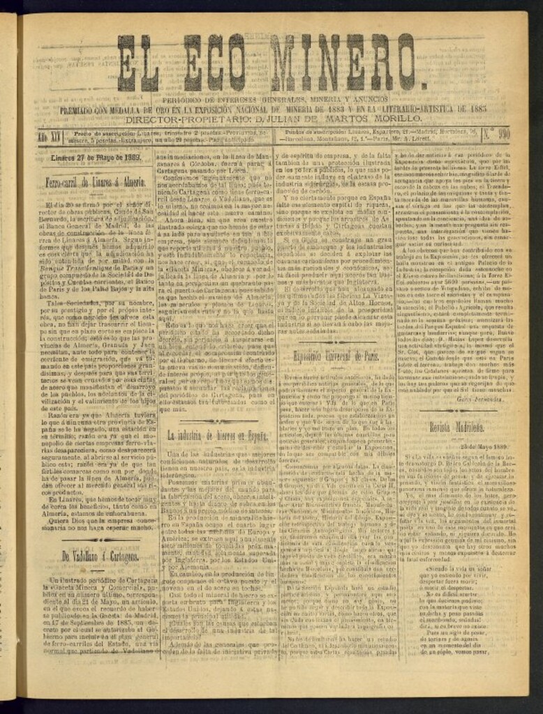 Miniatura de El Eco Minero : periódico bisemanal del 27 de mayo de 1889, nº 990